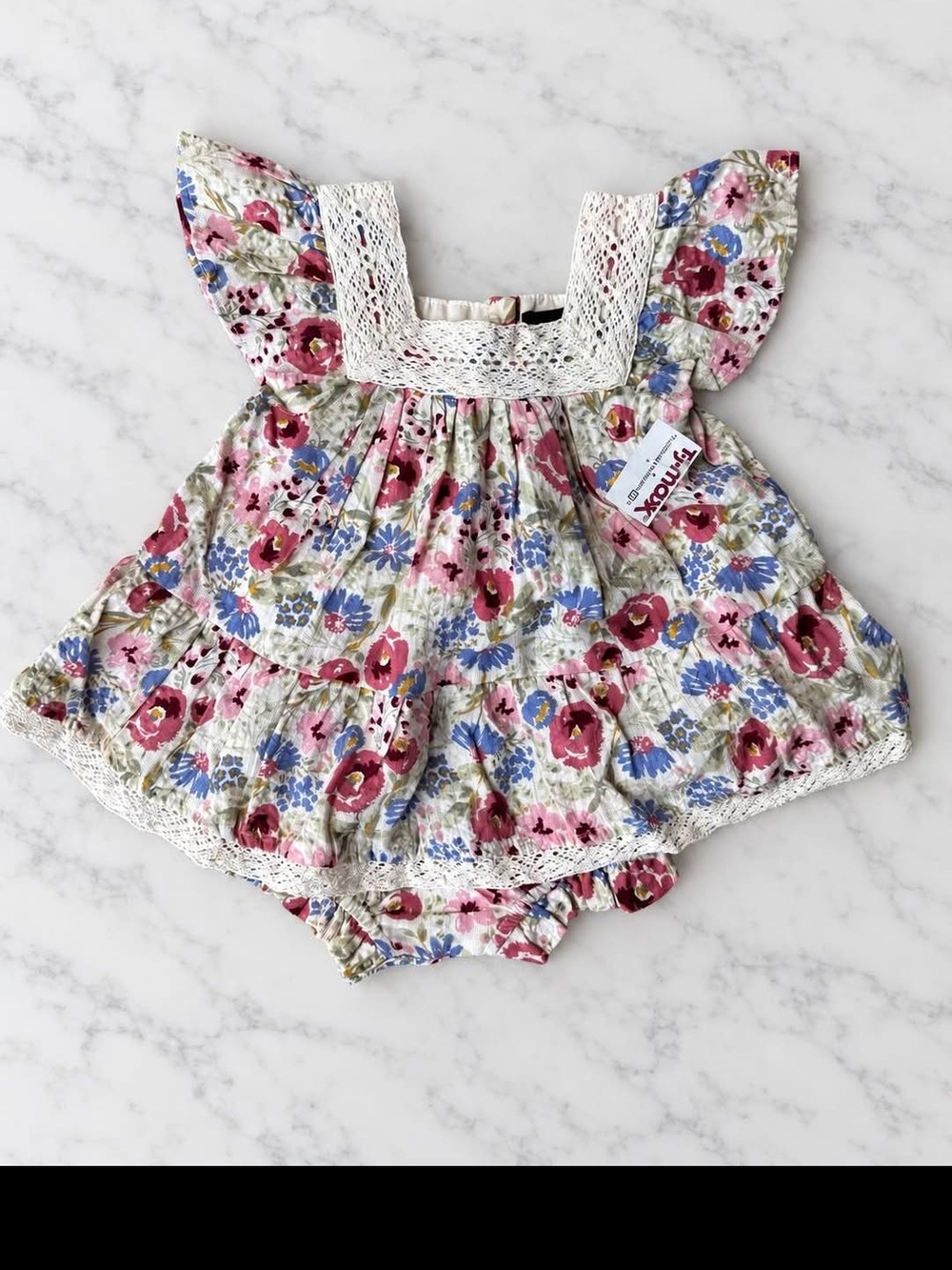 Floral Lace Baby Dress & Bloomers - Pink, Blue, Green 6-9 Months
